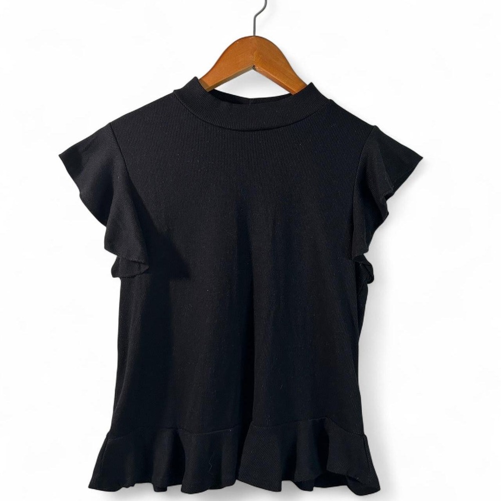 Whimsigoth Top Black Coquette Ribbed Ruffled Hem & Cap Sleeve Rom-Com Vintage